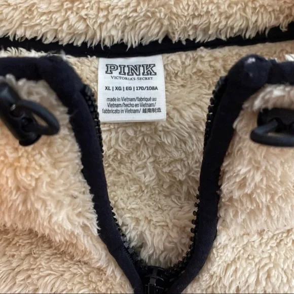 Pink Victoria’s Secret Ivory Fuzzy Teddy Jacket 1/2 Zip pullover Size XL - Picture 5 of 5